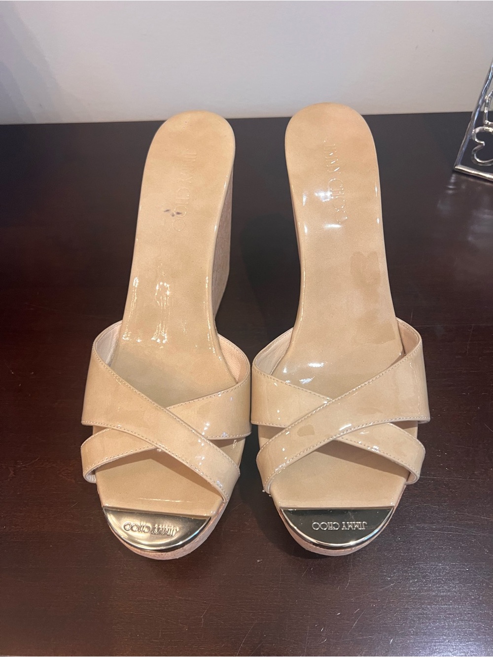 Jimmy Choo Nude Patent Leather Crisscross Slide Mules